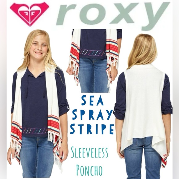 Roxy | Fringed Sleeveless Poncho 🌊 Sea Spray Stripe | S - Picture 1 of 13